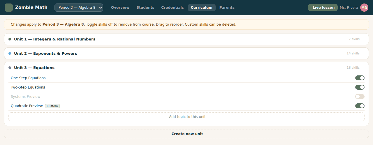 Curriculum screen with per-skill toggles, lesson reordering and a control to add custom topics.